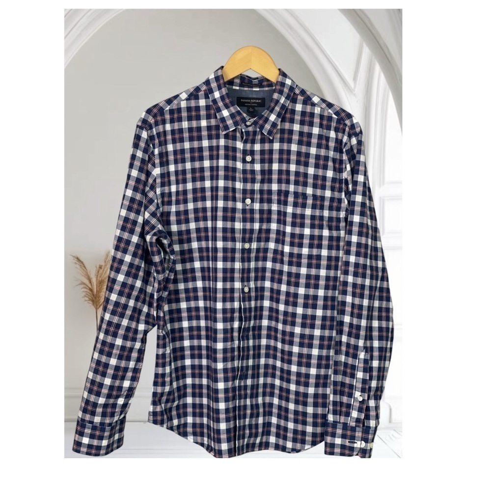 Banana Republic factory Organic Cotton untucked Fit Blue plaid shirt L - Picture 6 of 7